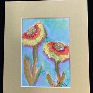 Gerbera Daisies On Aqua “An Original Watercolor/Acrylic Painting Matted